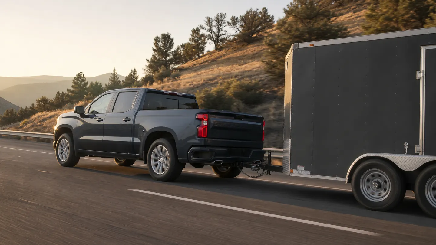 Chevrolet Silverado 1500 towing an enclosed trailer on an interstate grade