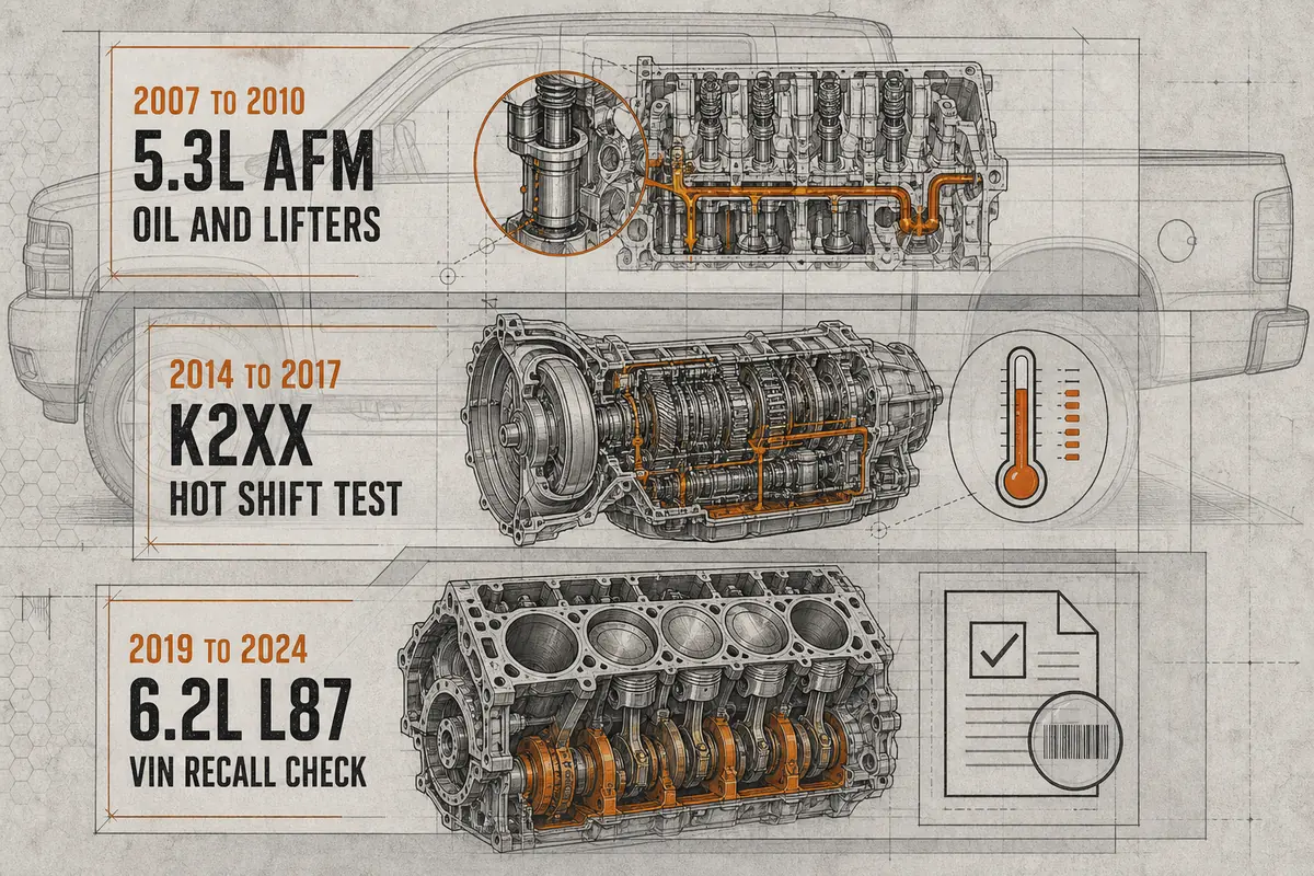 Diagram mapping Silverado risks from AFM lifters to transmission and L87 recall checks - Chevrolet Silverado