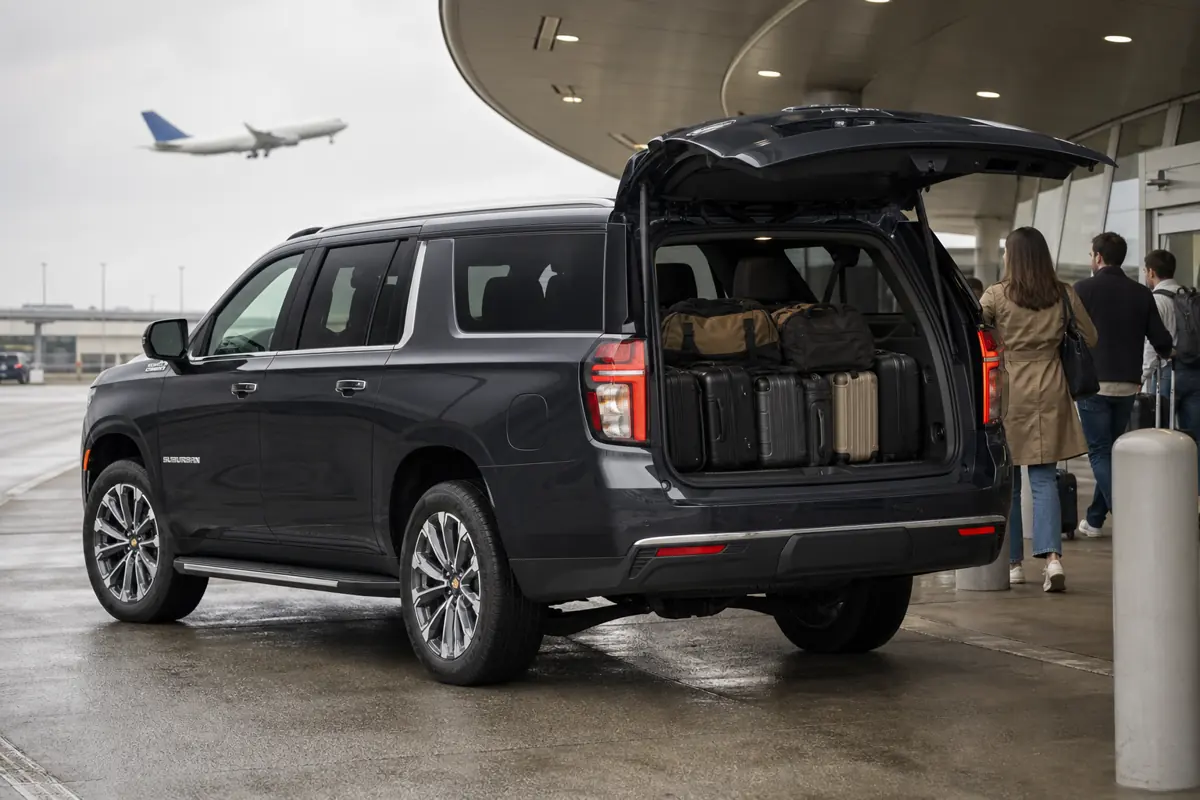 Chevrolet Suburban with all three seating rows raised and family luggage secured in the cargo area