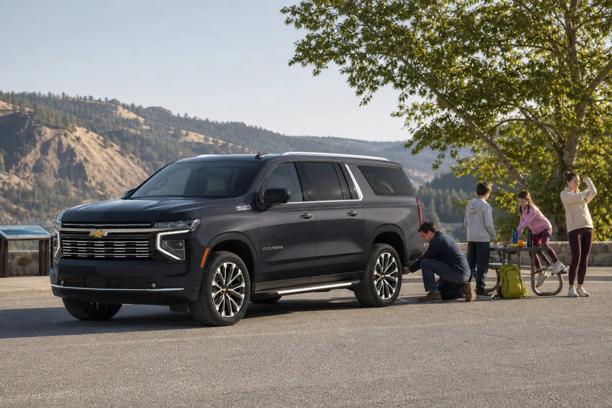 Chevrolet Suburban at a highway rest stop with passengers and secured luggage during a long family trip
