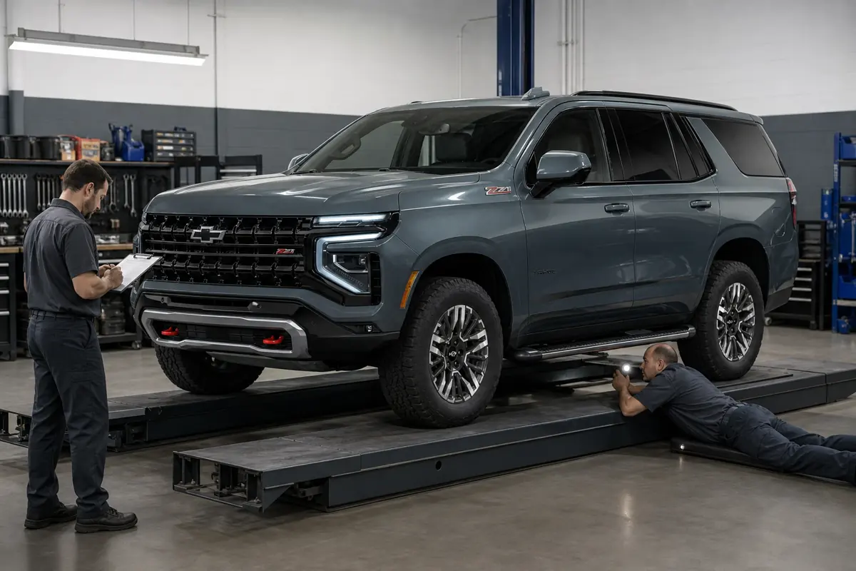 Chevrolet Tahoe on a service lift while the frame, suspension, hitch, leaks, and tire wear are inspected