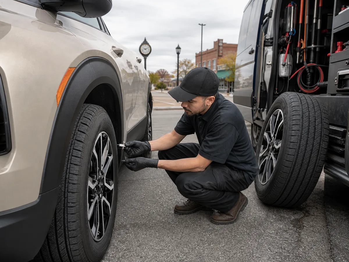 Mobile tire technician comparing tread and replacement fit on a Chevrolet Trailblazer