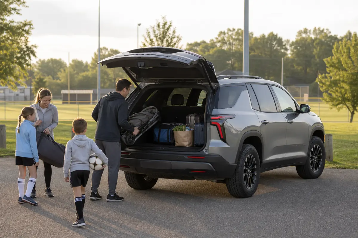 Chevrolet Traverse loaded with stroller, sports bags, and groceries while space behind the third row is checked