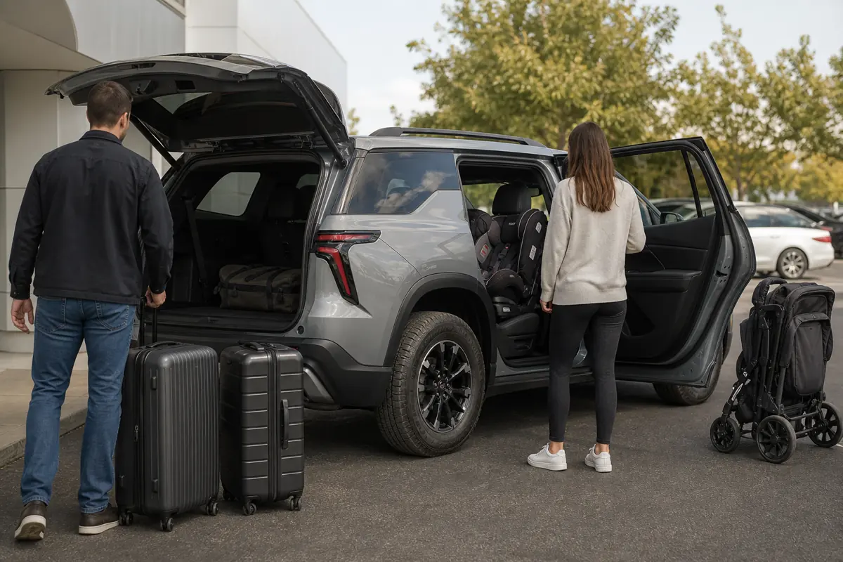 Chevrolet Traverse with family child seats installed and travel cases arranged behind the third row