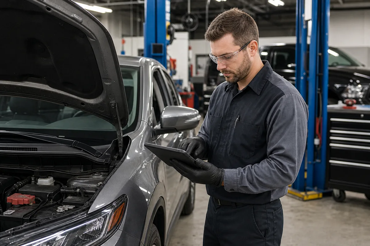 A technician working through a multi-point vehicle inspection checklist on a tablet beside a car - CPO inspection