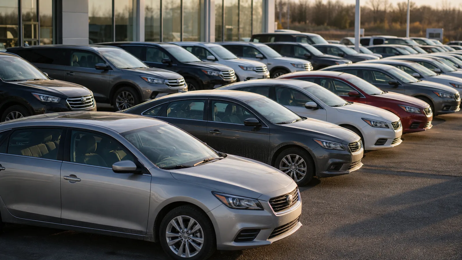 Rows of new sedans and compact SUVs parked on a dealership lot in low late-afternoon light - new car market timing