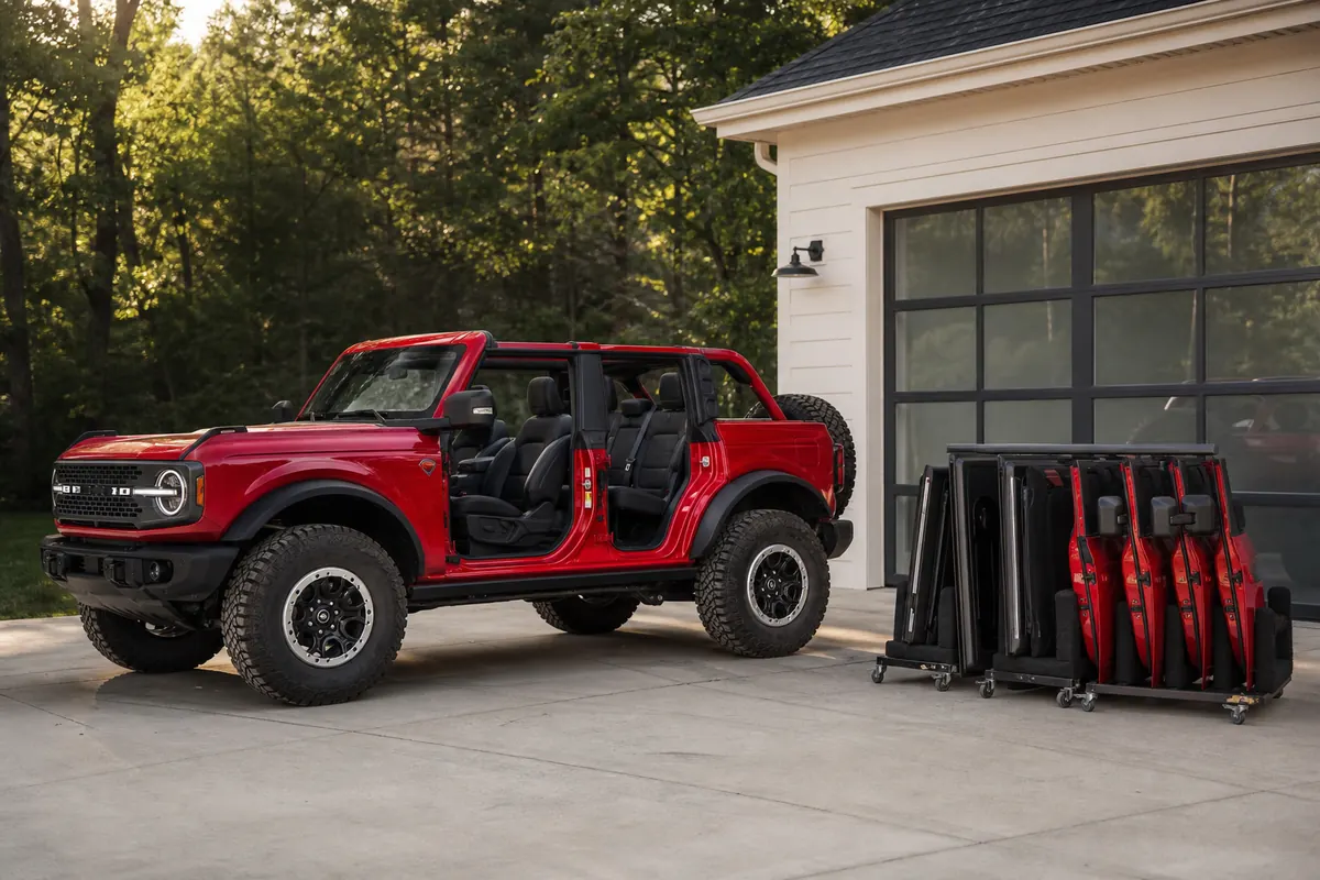 Ford Bronco in a home garage with roof panels stored safely on padded stands - Ford Bronco