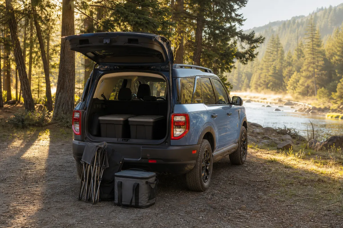 Ford Bronco Sport cargo area loaded with compact camping equipment while keeping the rear window and sightlines clear