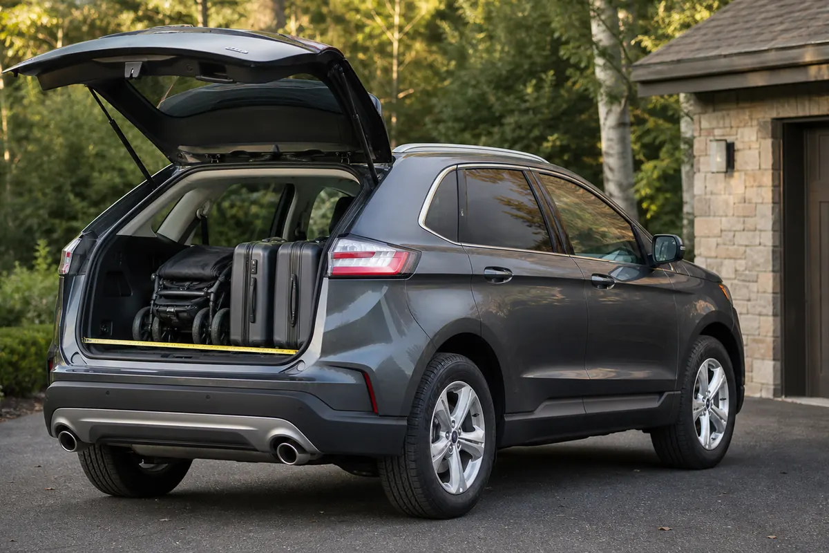 Ford Edge cargo area with a stroller, travel cases, and a measuring tape during a used-car inspection