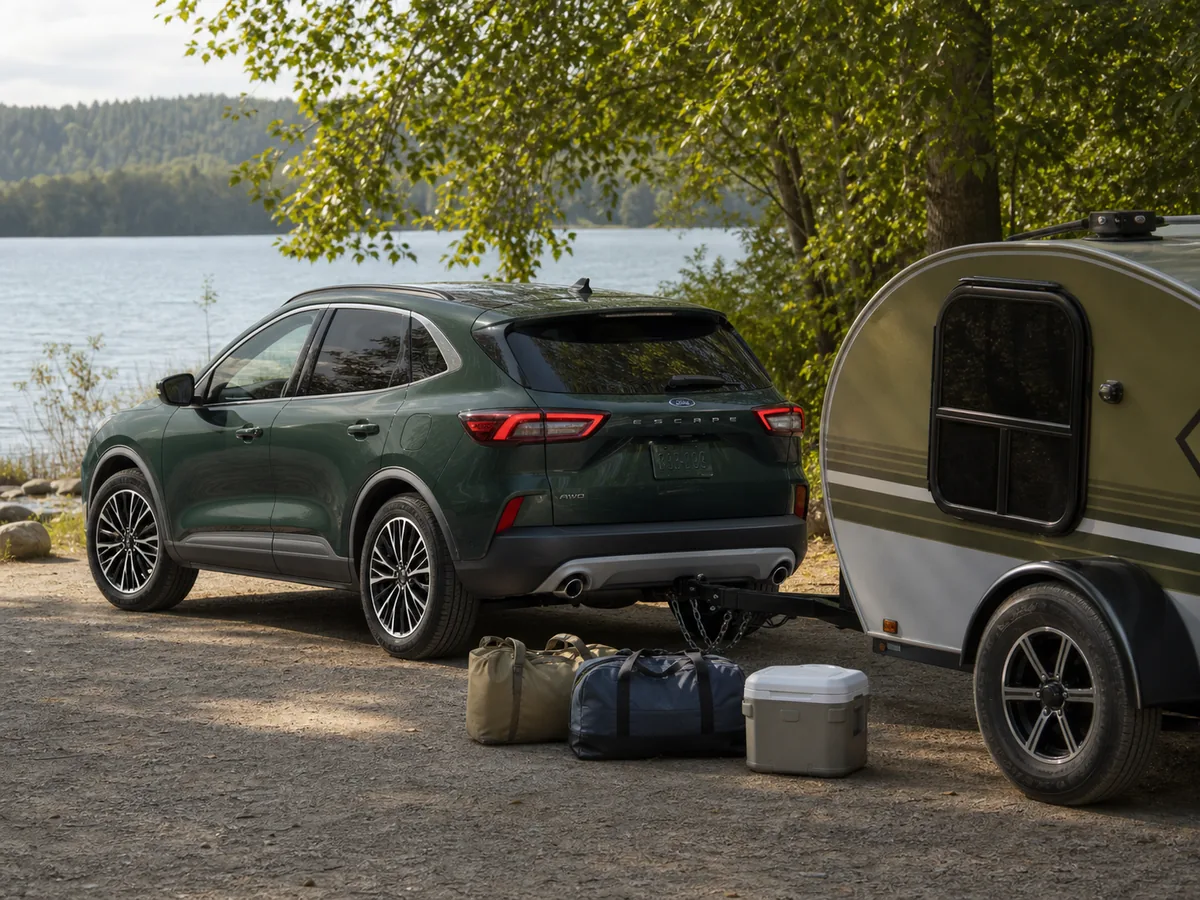Ford Escape 2.0T hitched to a small camping trailer with family gear nearby