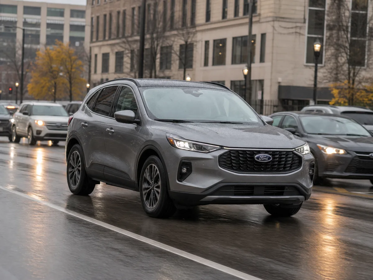 Ford Escape Hybrid moving through city traffic in wet weather