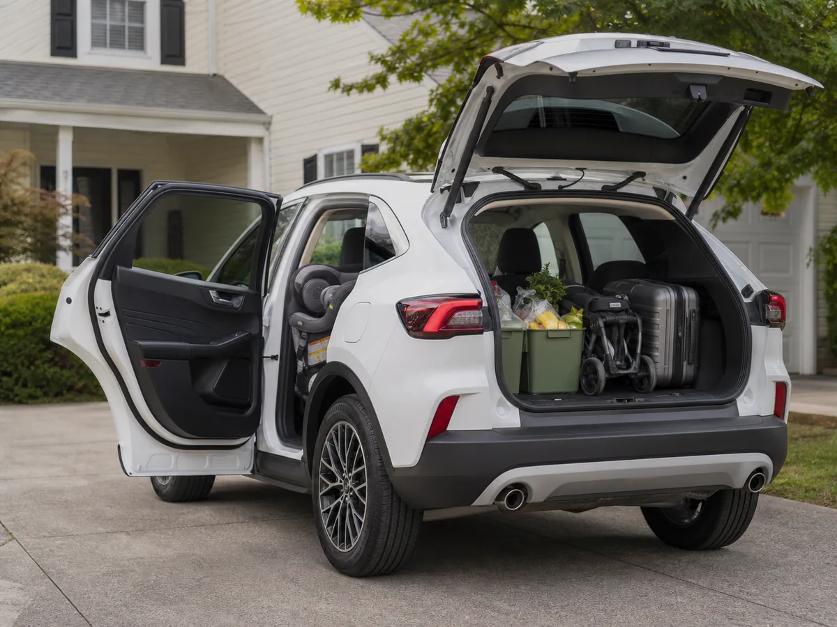 Ford Escape rear seat and cargo area arranged with a child seat, stroller, and grocery bins