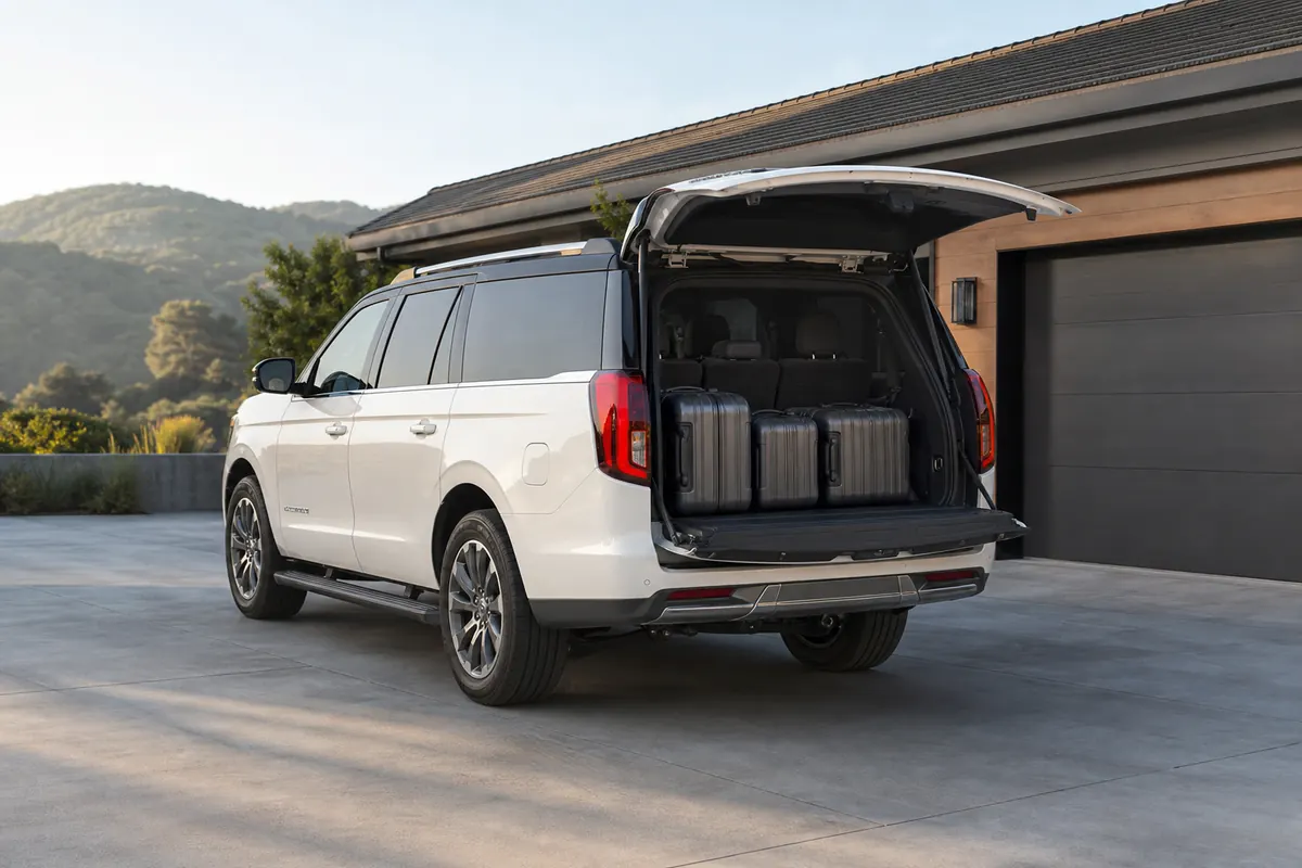 Ford Expedition with its split rear gate open and family travel cases arranged behind the third row