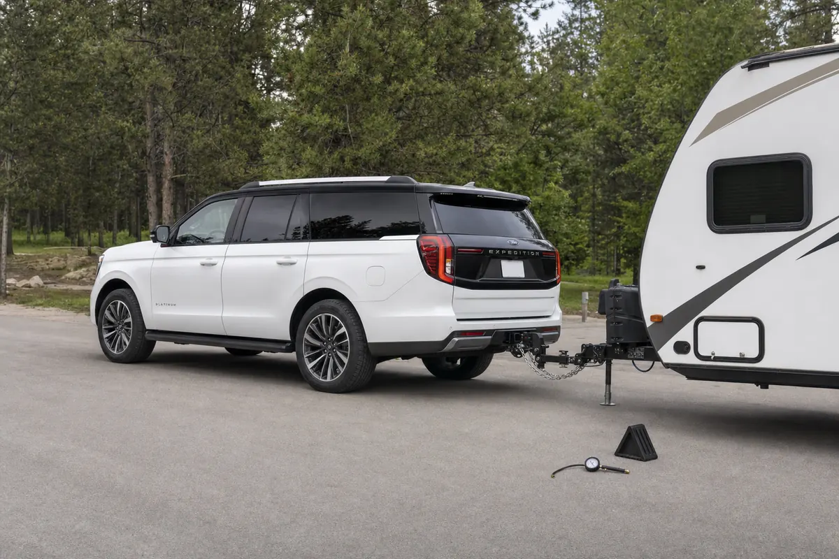Ford Expedition and travel trailer parked level while the driver checks the hitch, tires, and load before departure