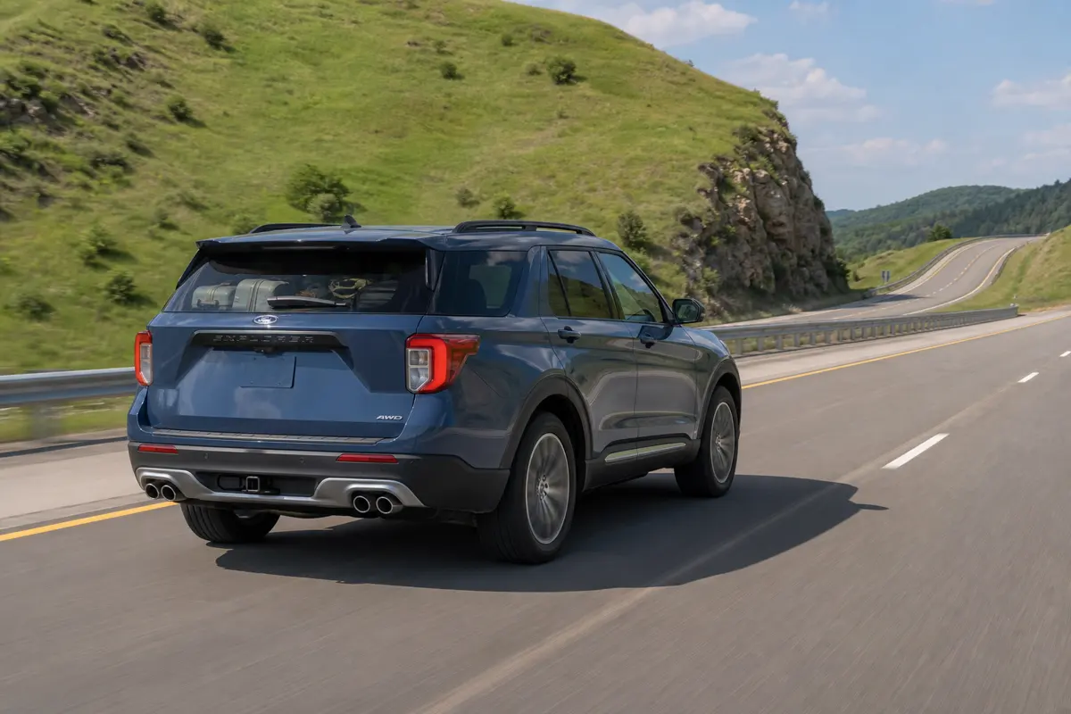 Ford Explorer carrying a family road-trip load on a warm highway grade