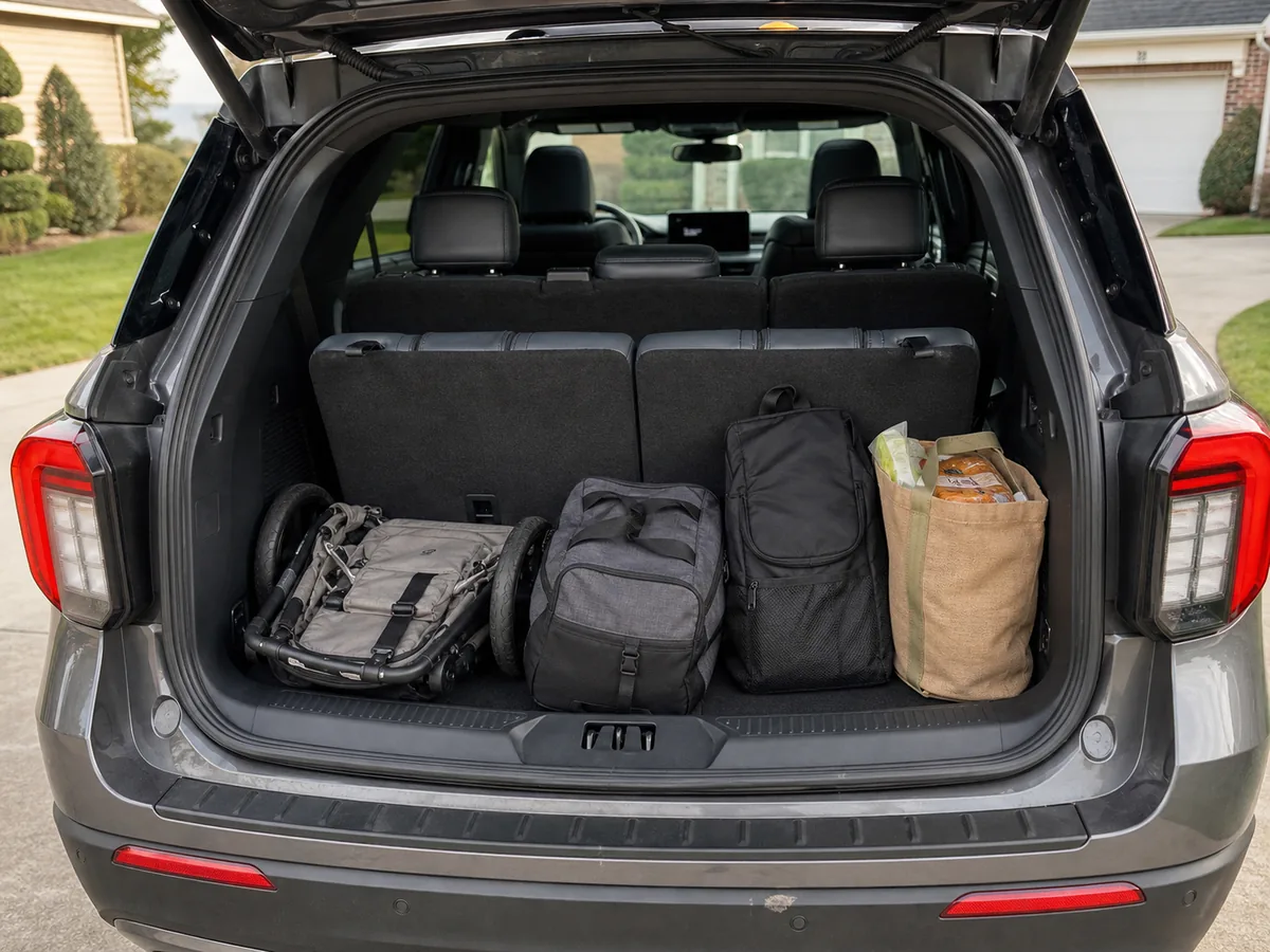 Ford Explorer cargo area with the third row upright, a stroller, bags, and groceries