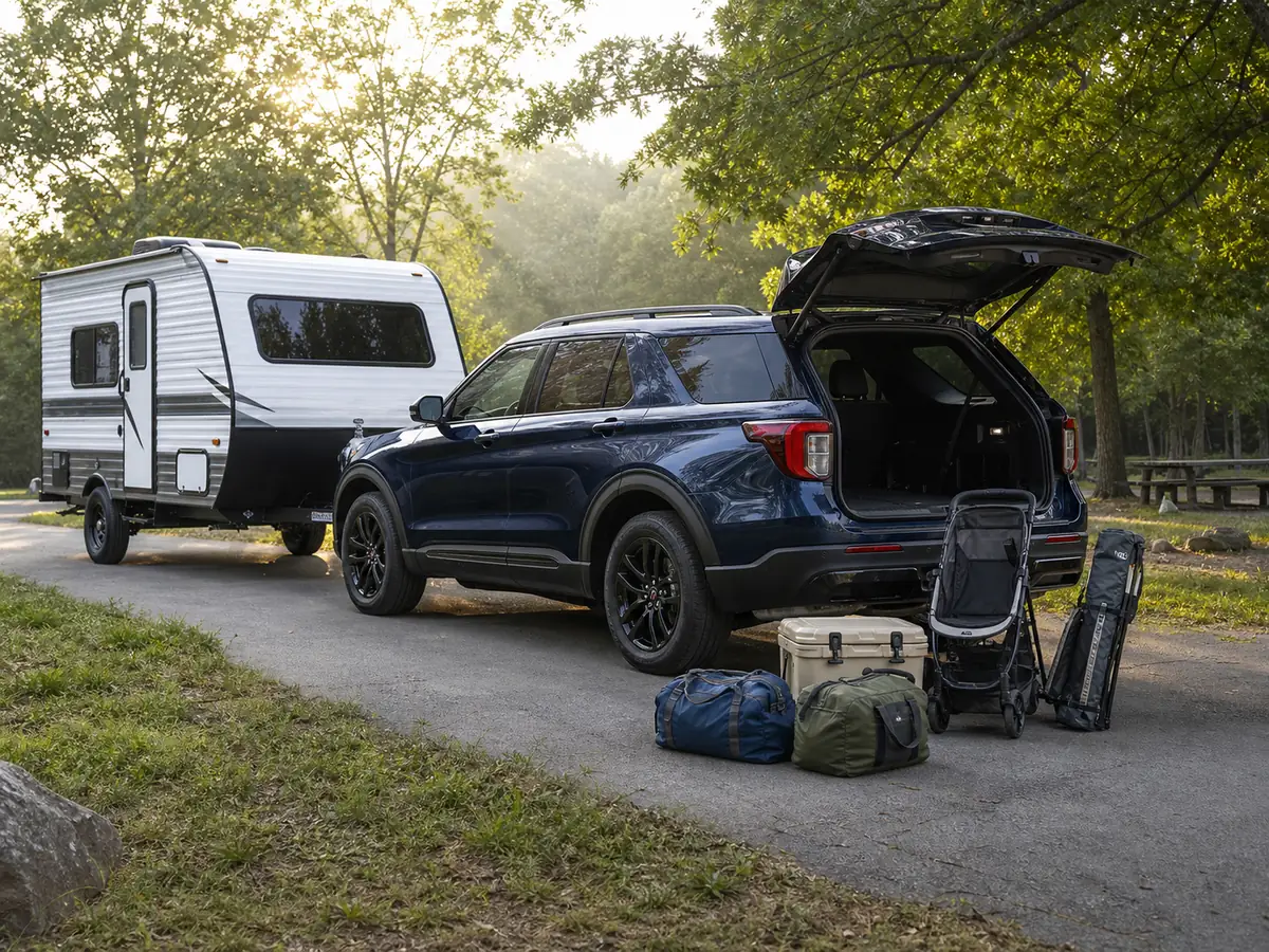 Ford Explorer hitched to a small travel trailer with family cargo beside the open hatch