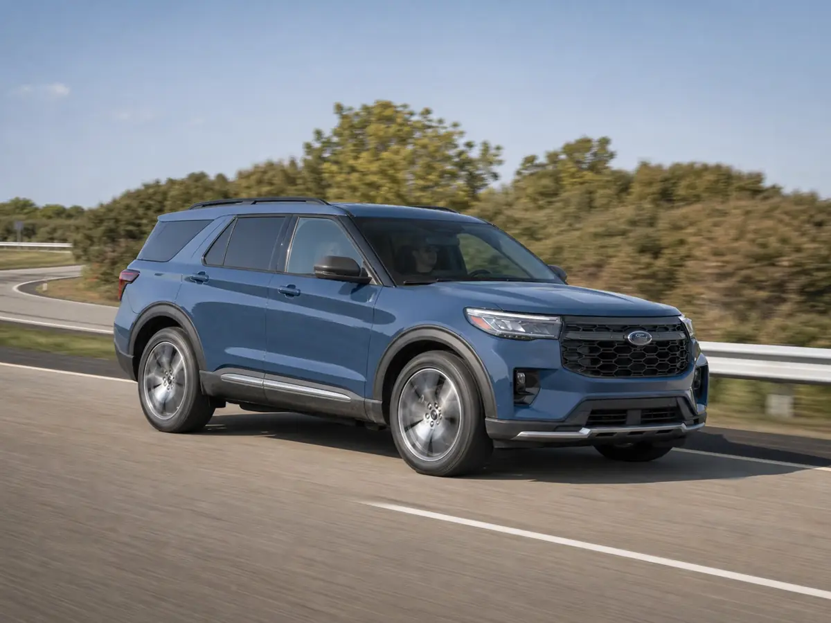 Three-row SUV accelerating onto a highway during a cabin-odor road test - Ford Explorer