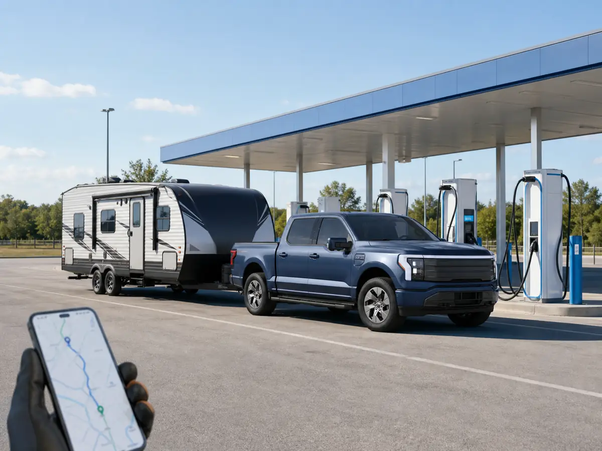 Ford F-150 Lightning towing a travel trailer beside a mapped charging stop - Ford F-150 Lightning
