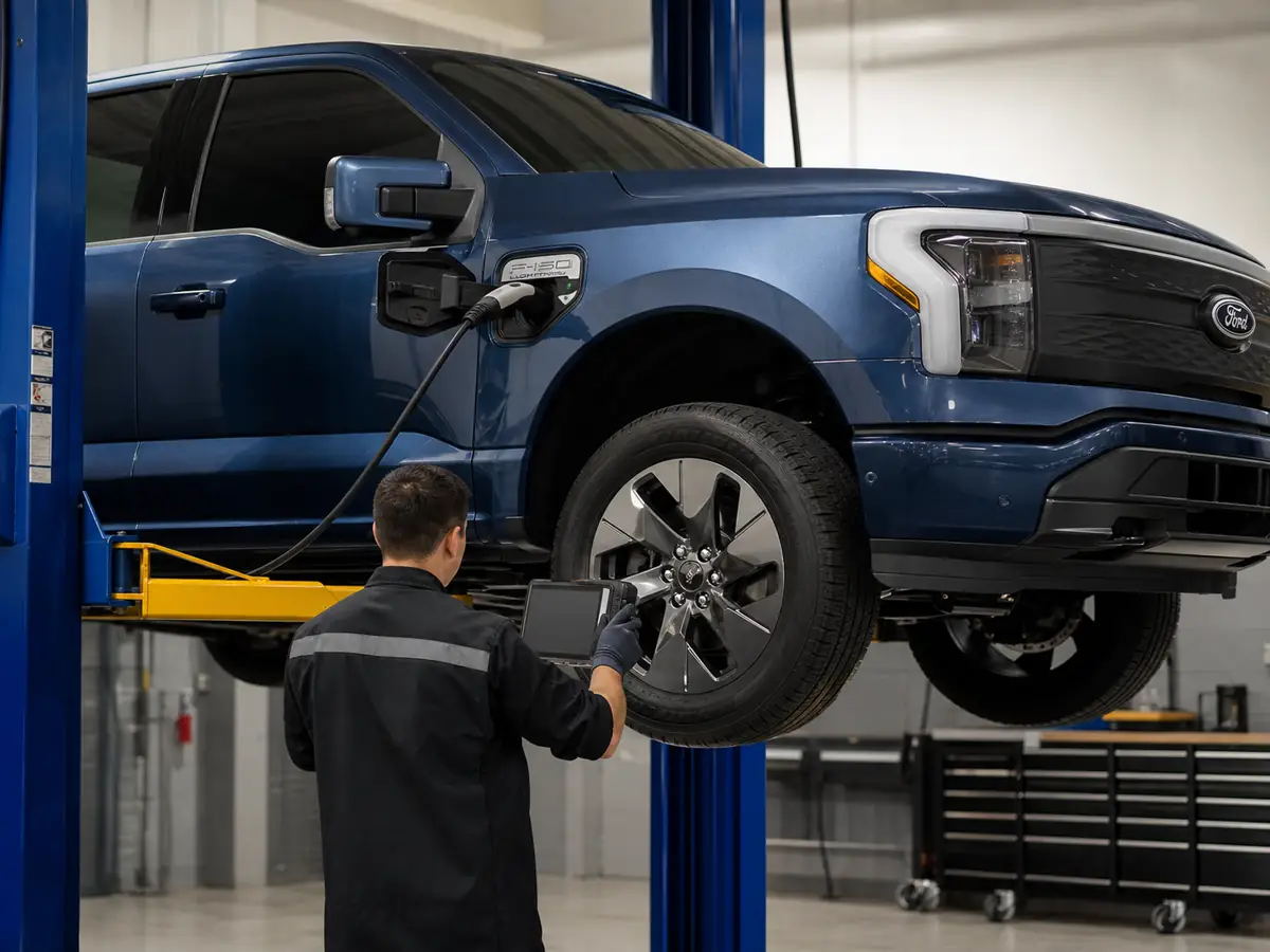 Technician checking a Ford F-150 Lightning charge port and underbody battery protection - Ford F-150 Lightning