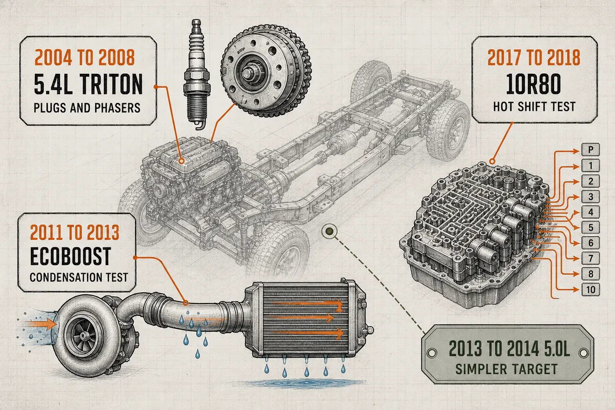 Diagram separating Ford F-150 risks by engine and transmission era - Ford F-150