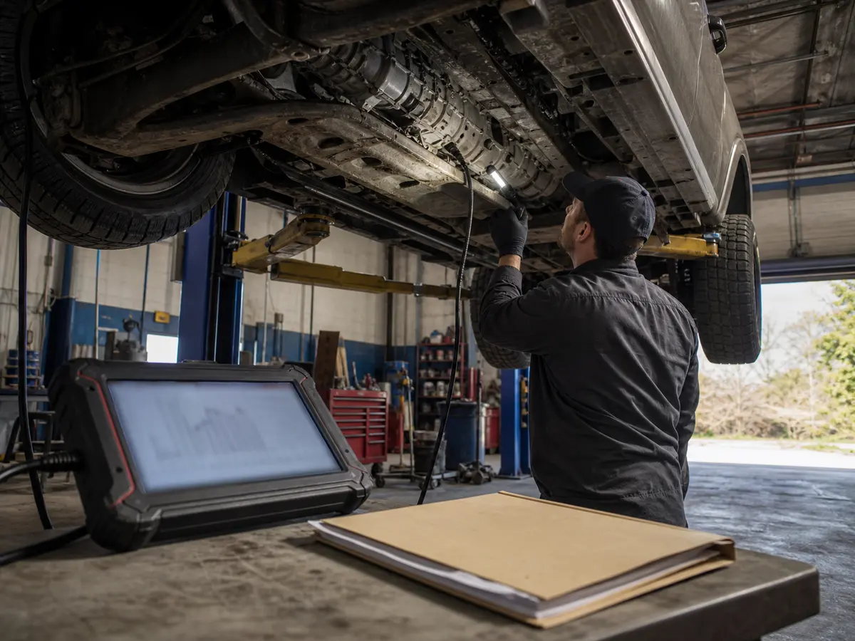 Pickup transmission and service-record inspection on a lift - Ford F-150