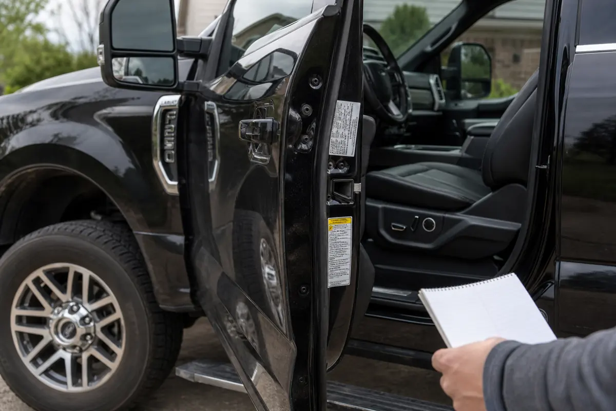 Ford F-250 driver door open while a buyer reads the payload and axle labels before connecting a trailer