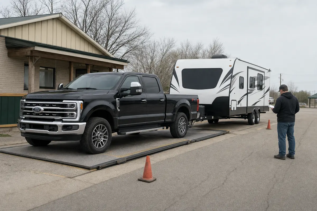 Ford F-250 and travel trailer positioned on a public scale while axle weights are checked