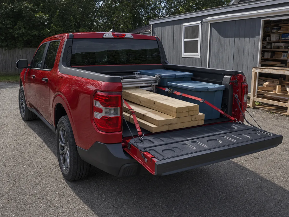 2026 Ford Maverick bed arranged with measured and secured home-project cargo - Ford Maverick