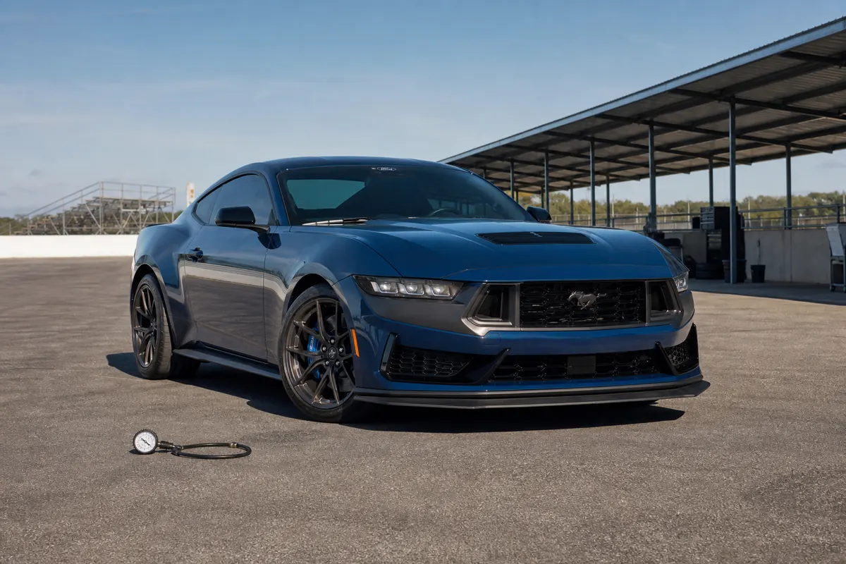 Ford Mustang GT parked in a paddock while the front brake and tire condition are inspected