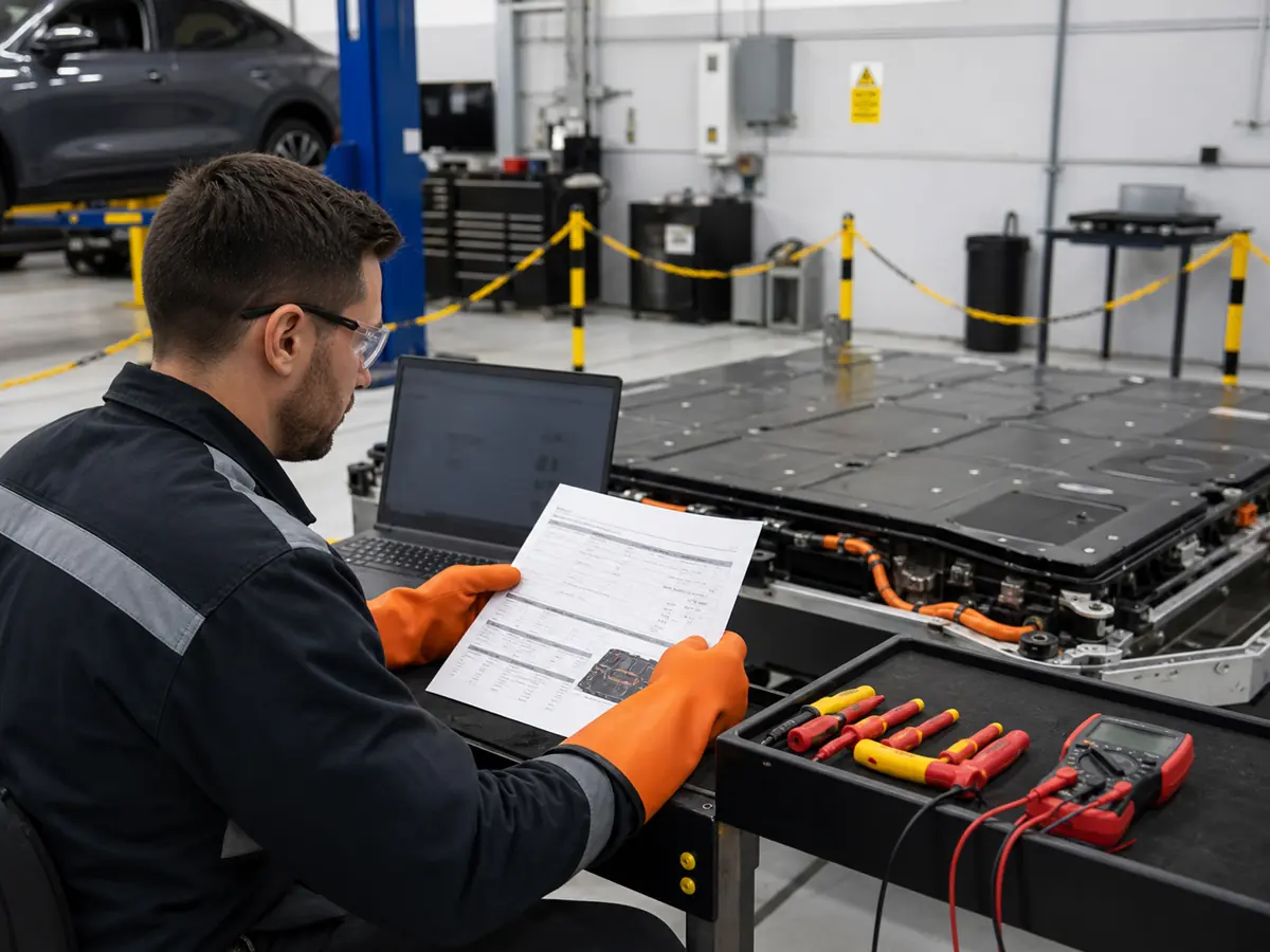 EV technician reviewing high-voltage junction-box replacement records and battery diagnostic data - Ford Mustang Mach-E