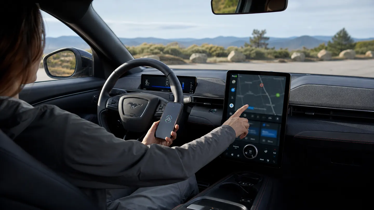 Ford Mustang Mach-E cabin viewed over the driver's shoulder during normal navigation use