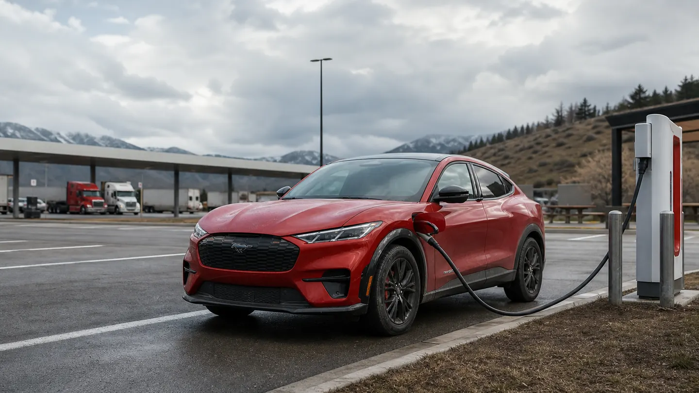Ford Mustang Mach-E connected to a public DC fast charger at a highway travel plaza