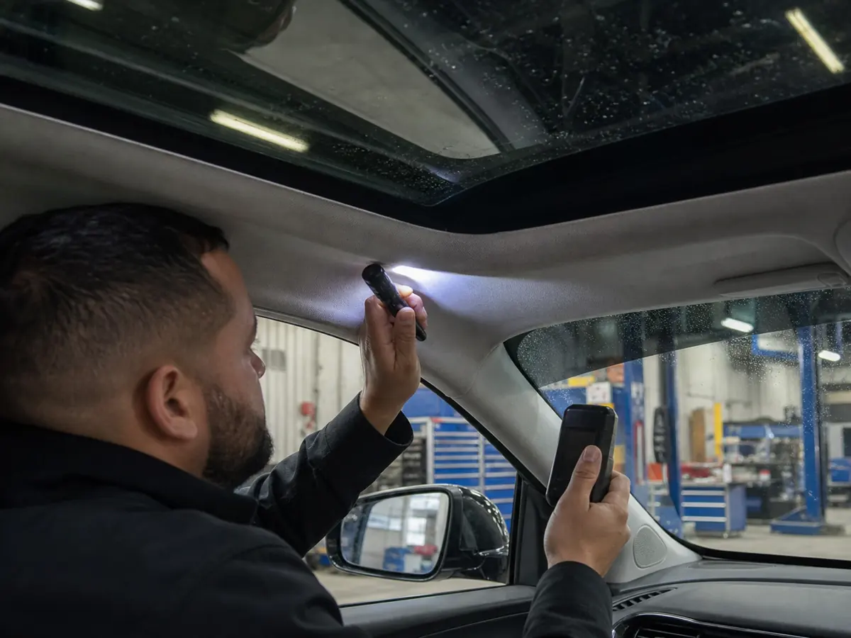 Technician inspecting electric crossover panoramic roof urethane, windshield edges, and headliner moisture - Ford Mustang Mach-E