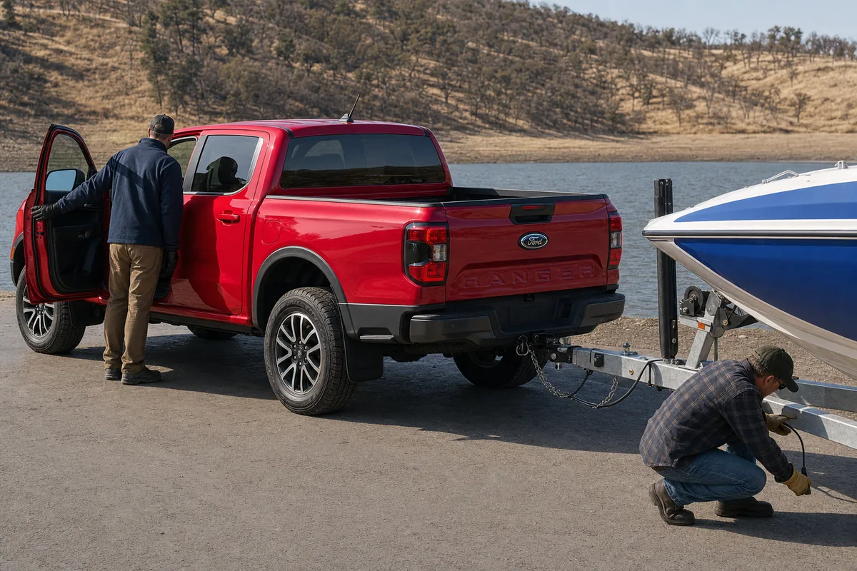 Ford Ranger connected to a boat trailer while the payload label and brake controller are checked - Ford Ranger