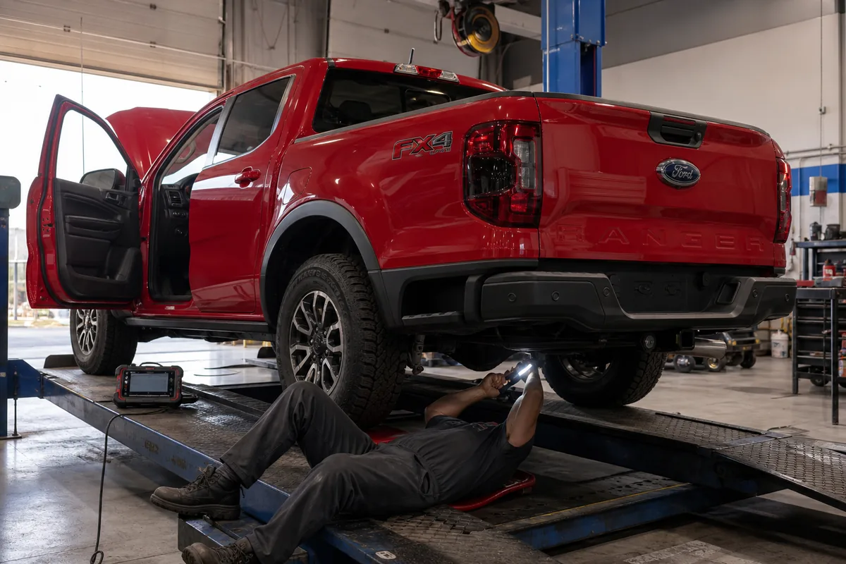 Technician scanning a Ford Ranger while inspecting shocks, frame, tires, and skid plates - Ford Ranger