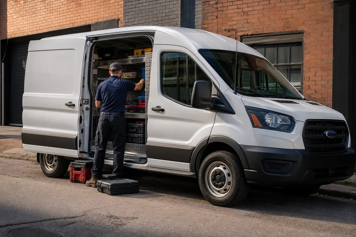 Ford Transit side door open with secured shelves, clear aisle, and frequently used tools near the curb