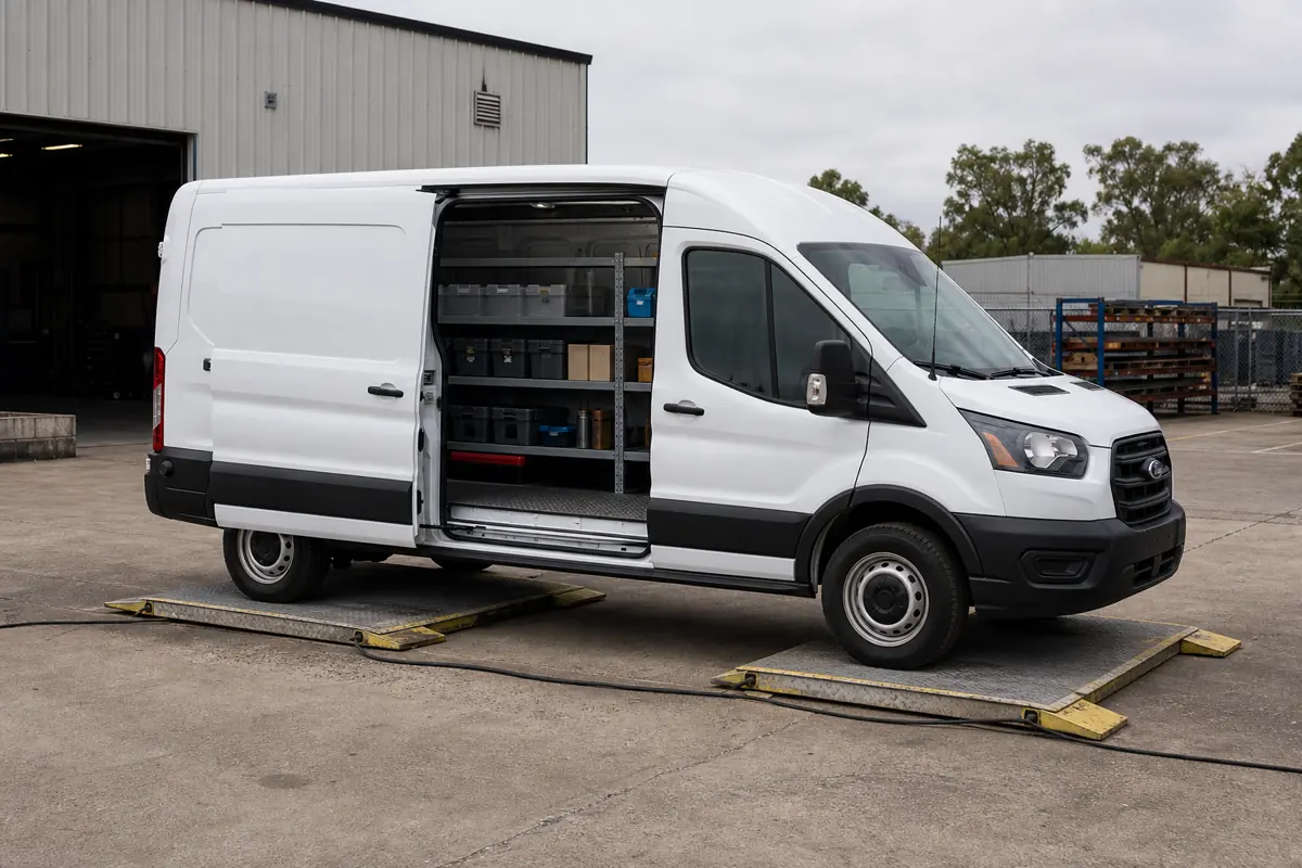 Ford Transit cargo van with finished shelving parked on a scale while axle weights are recorded