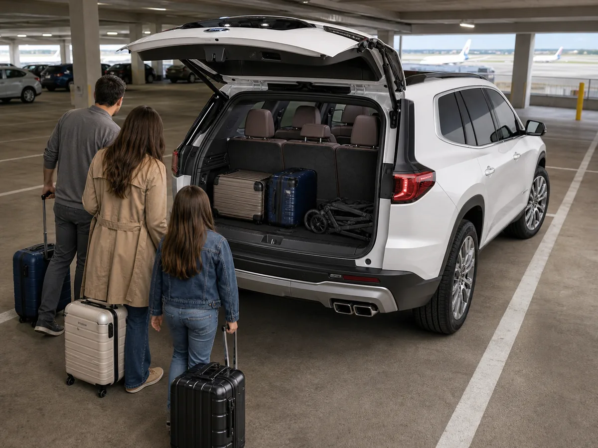 Family loading carry-on suitcases and a folded stroller behind the raised third row of a 2026 GMC Acadia - GMC Acadia