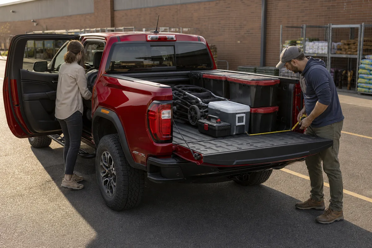 2026 GMC Canyon crew cab and short bed during a family cargo fit test - GMC Canyon