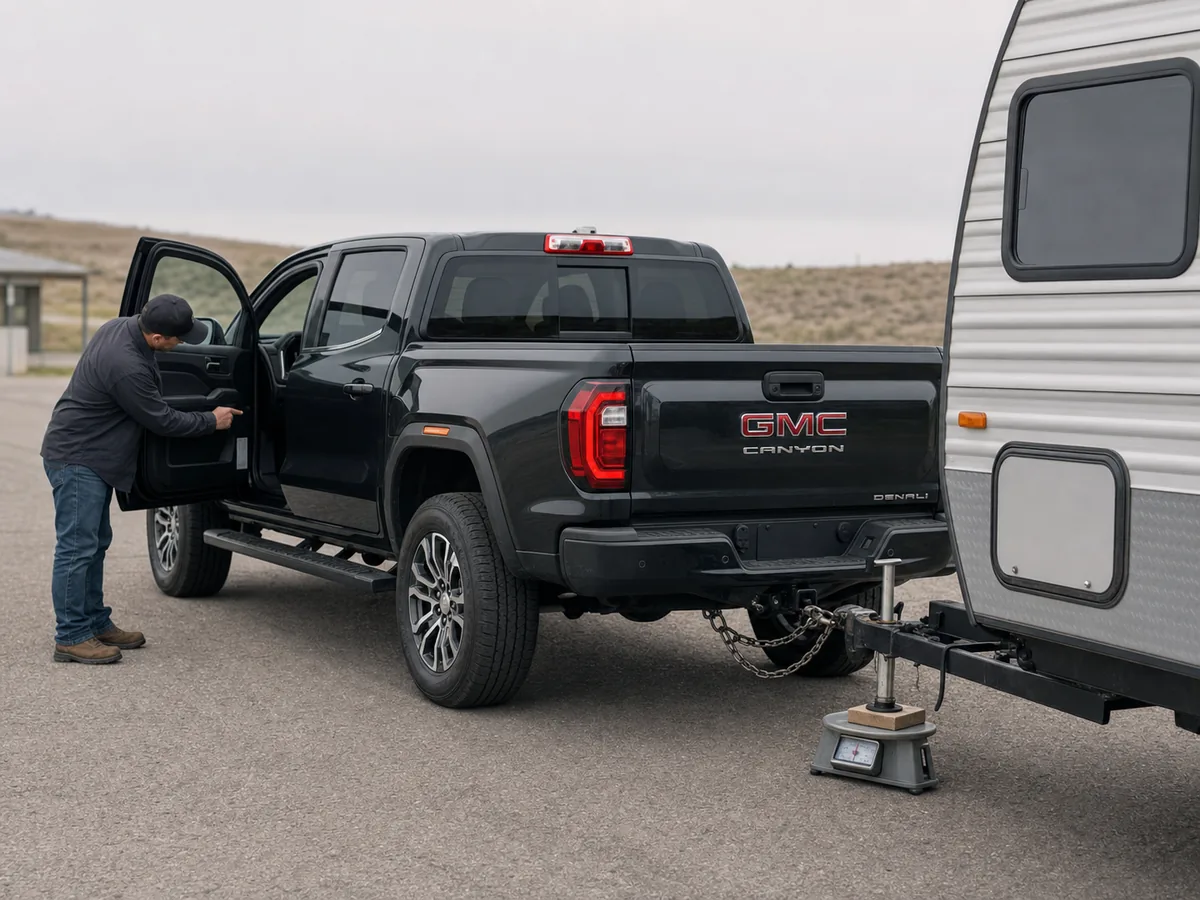 2026 GMC Canyon with a travel trailer during a door-label and tongue-weight check - GMC Canyon