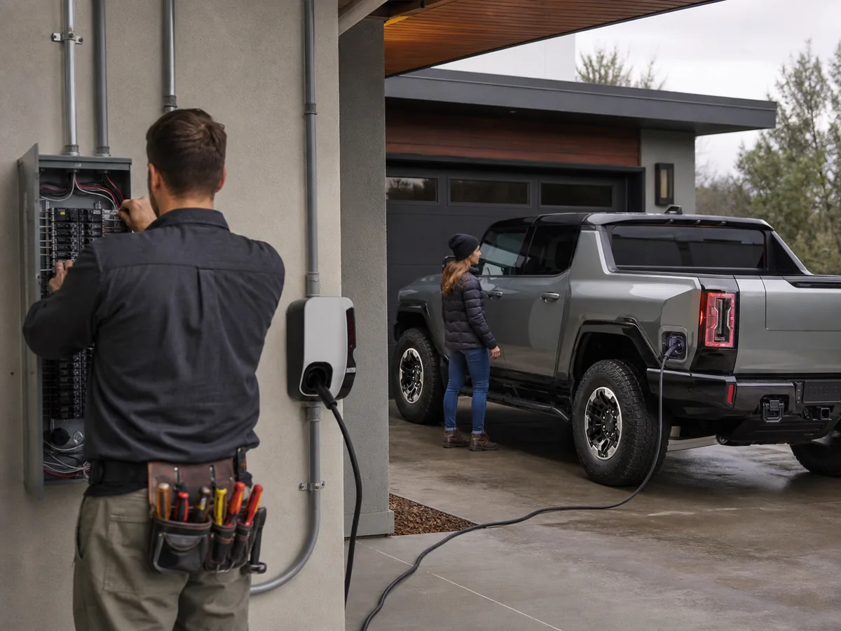 Electrician checking a home service panel and hardwired charger beside a parked GMC Hummer EV - GMC Hummer EV
