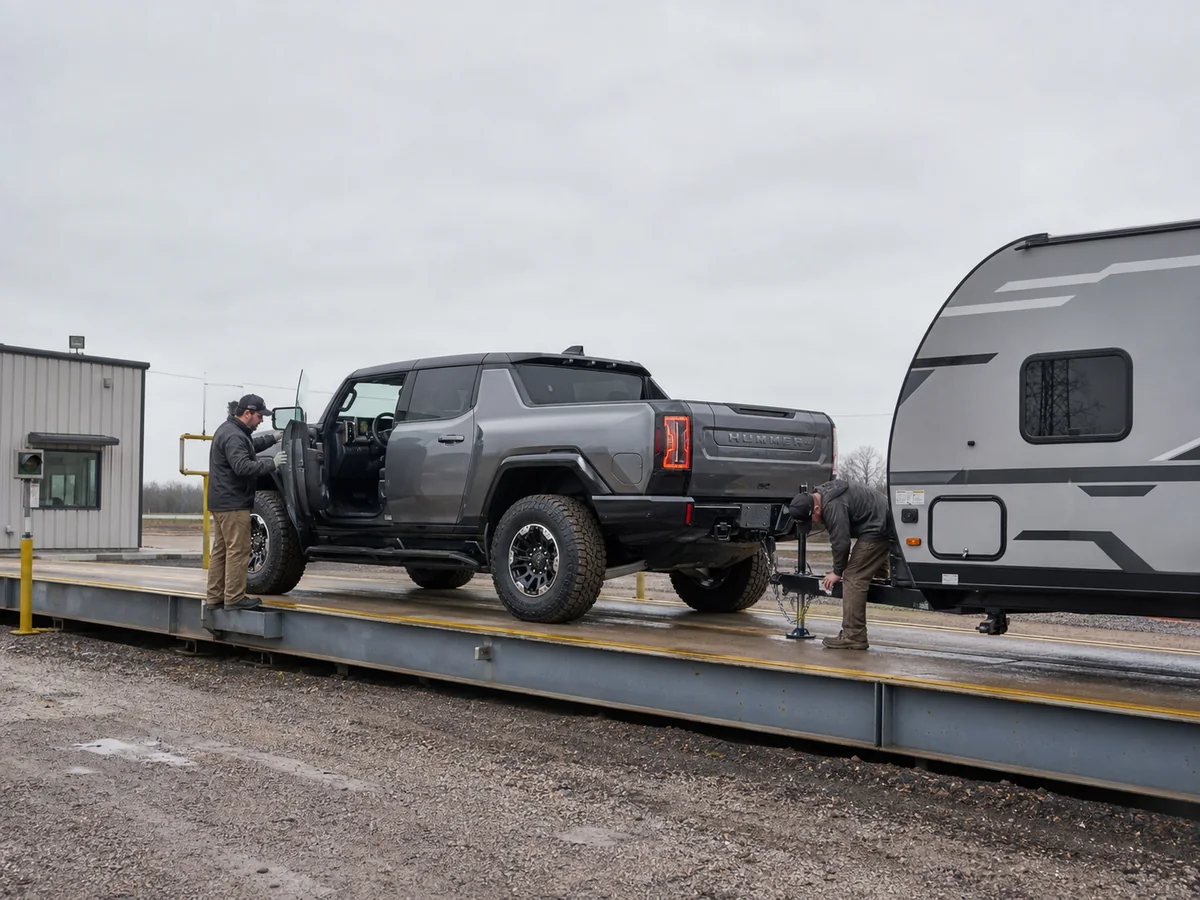 Loaded GMC Hummer EV Pickup and travel trailer positioned on a vehicle scale while the driver-door label is checked - GMC Hummer EV