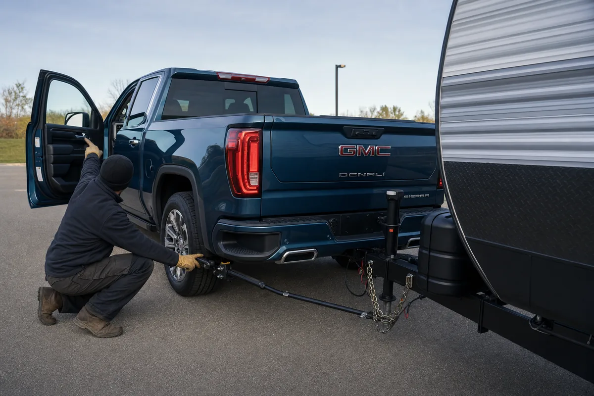 GMC Sierra 1500 Duramax connected to a travel trailer while payload and hitch equipment are checked - GMC Sierra 1500