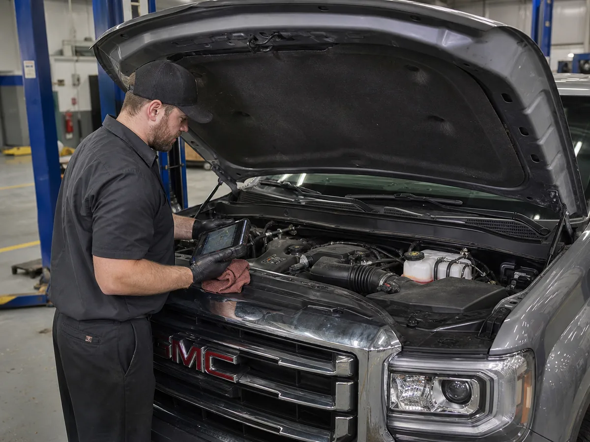 Engine bay and service-record inspection on a GMC Sierra 1500