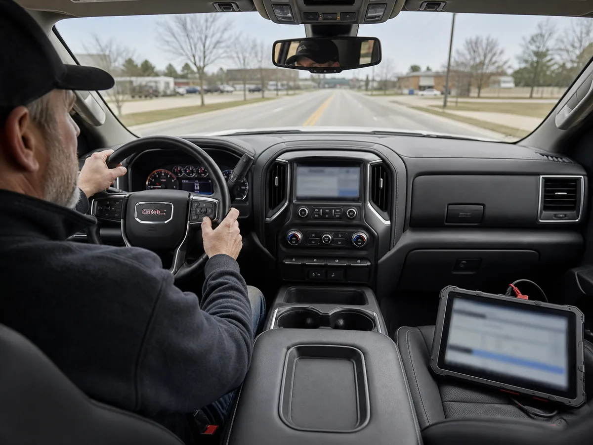 GMC Sierra 1500 transmission data check during a road test