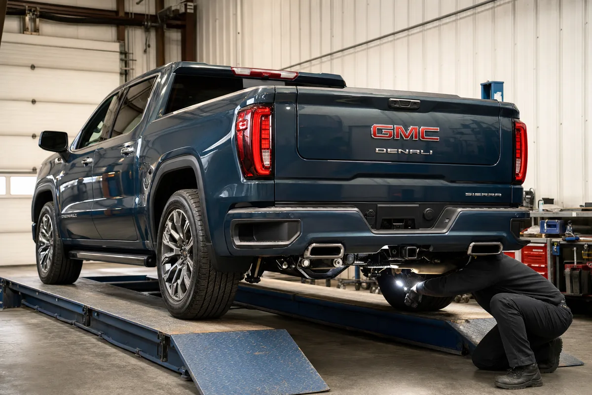 Technician inspecting a GMC Sierra 1500 hitch, frame, wiring, and rear tires - GMC Sierra 1500