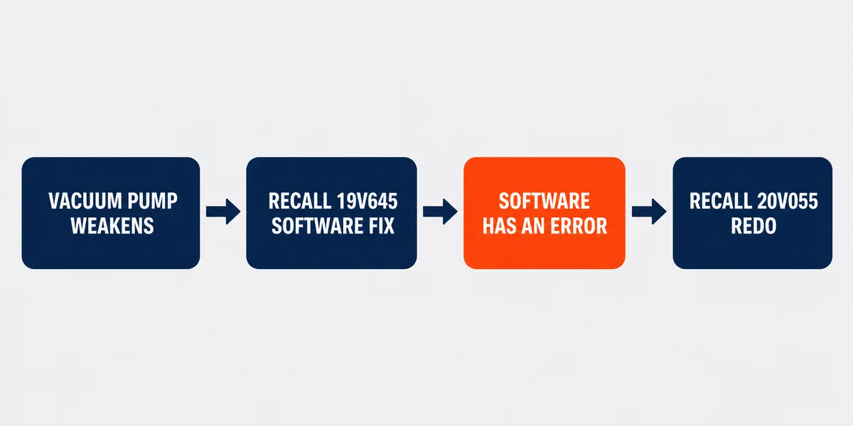 Diagram of the GMC Sierra brake campaign sequence from vacuum pump to a second recall