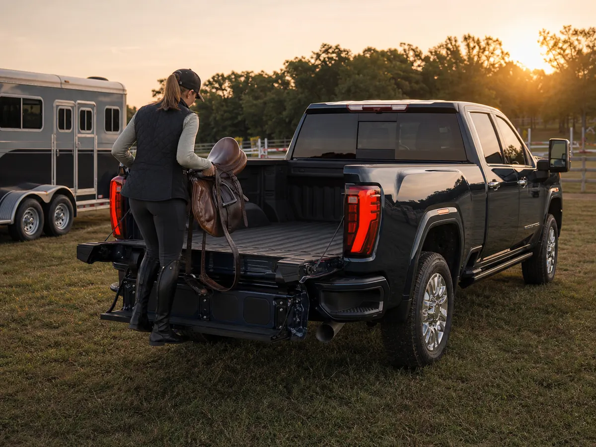 GMC Sierra 2500 HD MultiPro tailgate used as a step while unloading equestrian equipment - GMC Sierra HD