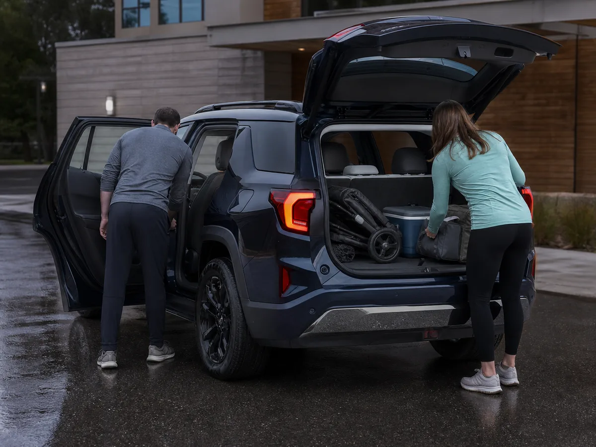 Two adults checking rear-seat room while a stroller, cooler, and soft bags are loaded into a 2026 GMC Terrain - GMC Terrain